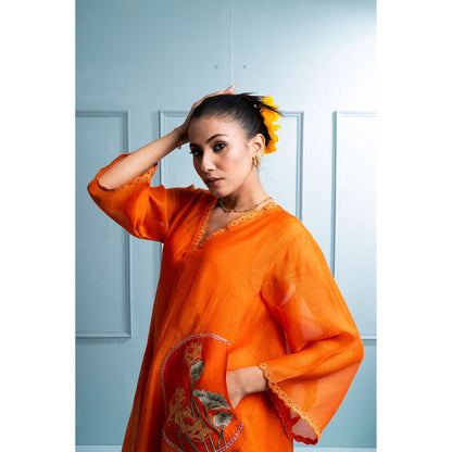 The White Tree Studio Orange Asymmetrical Kurta with Palazzo and Inner (Set of 3)