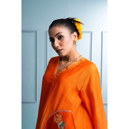 The White Tree Studio Orange Asymmetrical Kurta with Palazzo and Inner (Set of 3)
