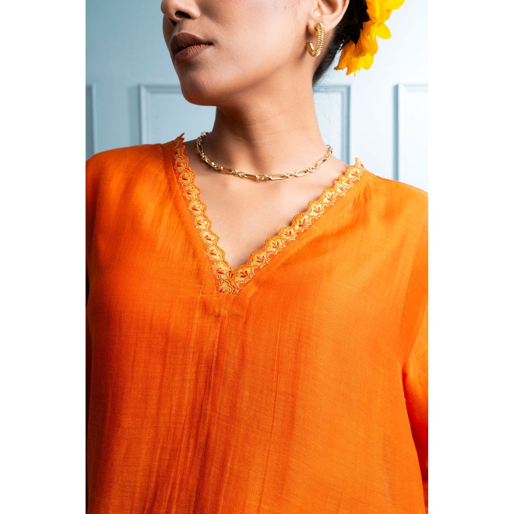 The White Tree Studio Orange Asymmetrical Kurta with Palazzo and Inner (Set of 3)