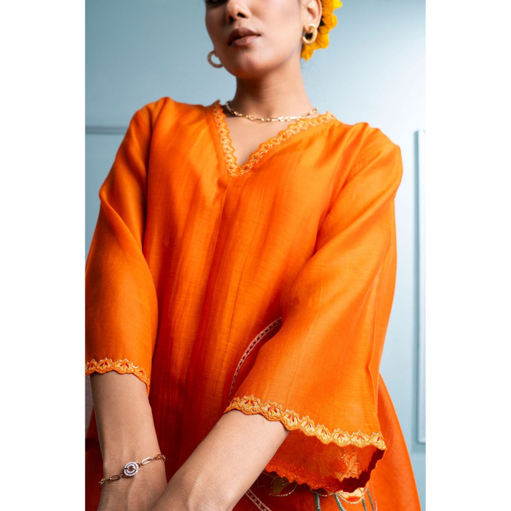 The White Tree Studio Orange Asymmetrical Kurta with Palazzo and Inner (Set of 3)