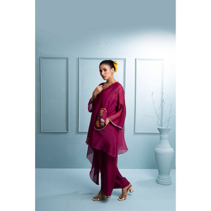 The White Tree Studio Burgundy Asymmetrical Kurta with Palazzo and Inner (Set of 3)