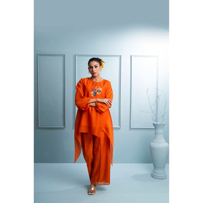 The White Tree Studio Orange Asymmetrical Kurti with Palazzo and Inner (Set of 3)