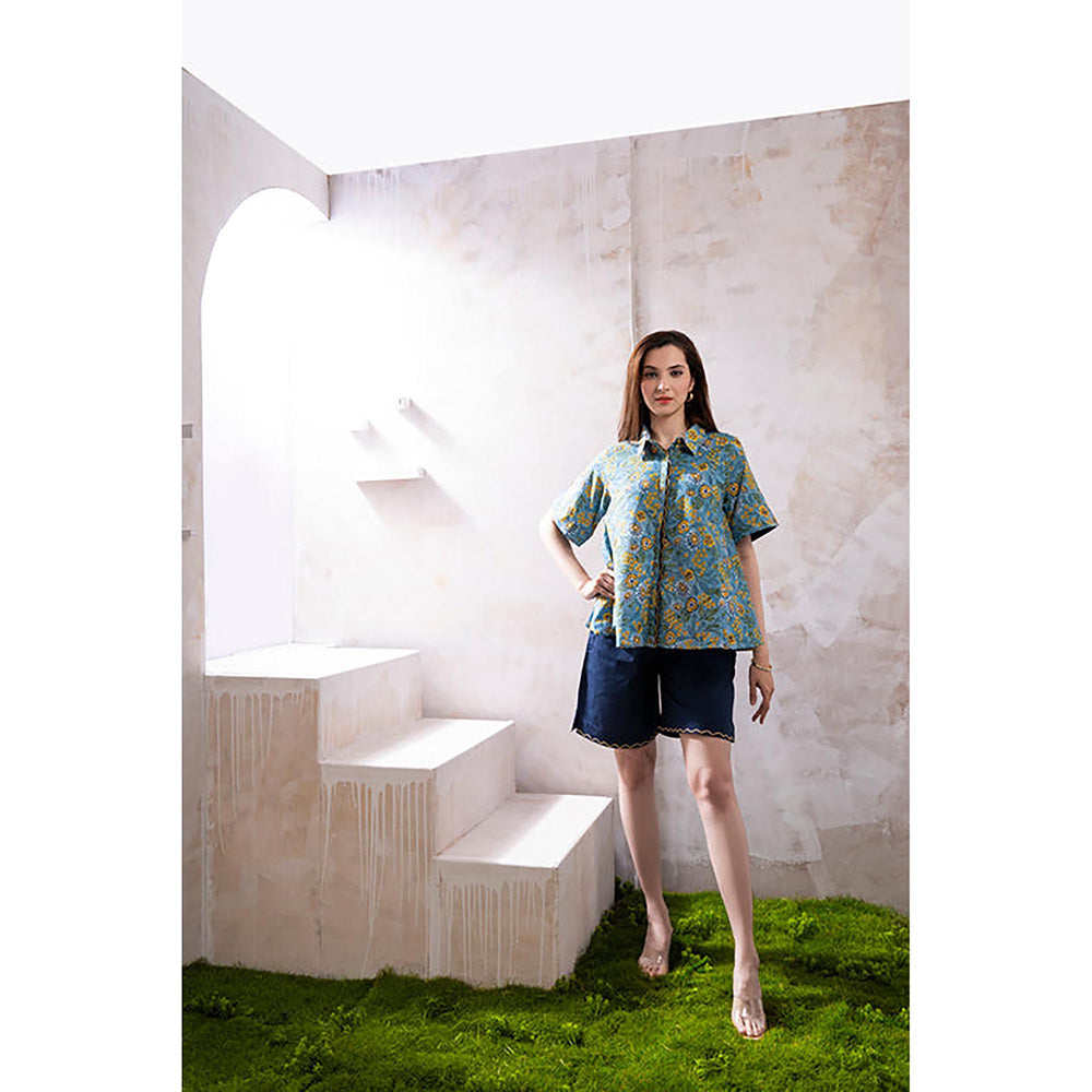 The White Tree Studio Yara Blue Printed Shirt Top