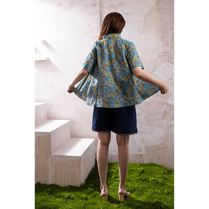 The White Tree Studio Yara Blue Printed Shirt Top