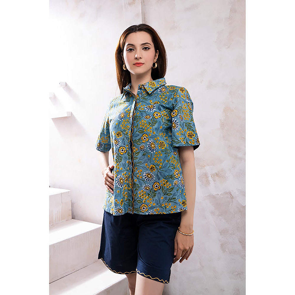 The White Tree Studio Yara Blue Printed Shirt Top