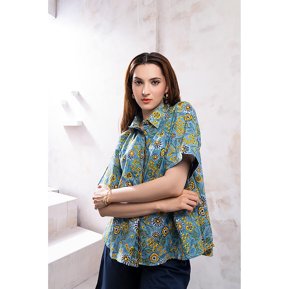 The White Tree Studio Yara Blue Printed Shirt Top