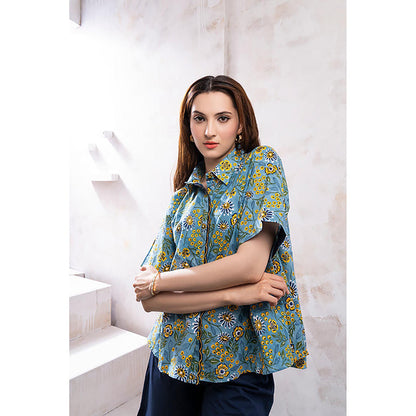 The White Tree Studio Yara Blue Printed Shirt Top