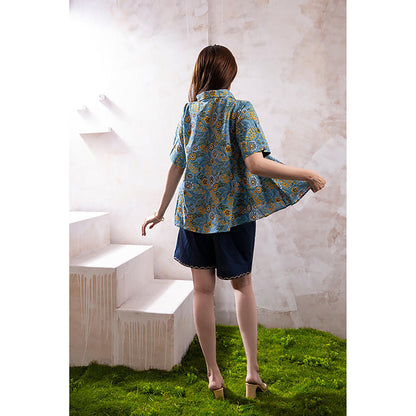 The White Tree Studio Yara Blue Printed Shirt Top