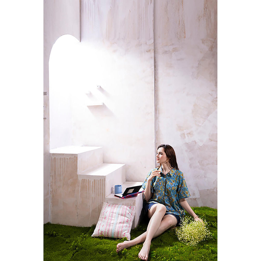 The White Tree Studio Yara Blue Printed Shirt Top