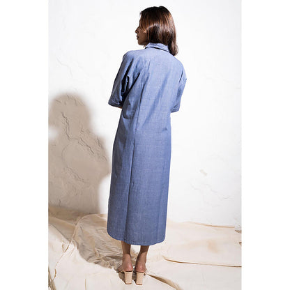 The White Tree Studio Denim Blue Handwoven Cotton Shirt Maxi Dress