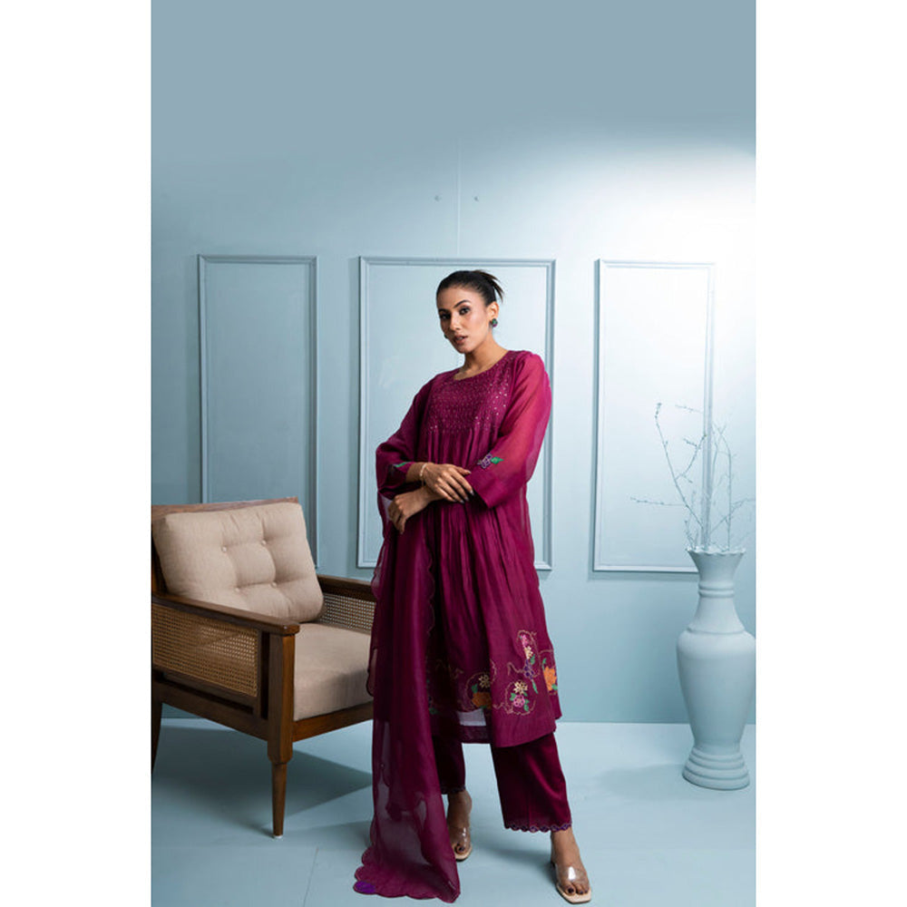 The White Tree Studio Burgundy Chanderi Kurta with Pant and Dupatta