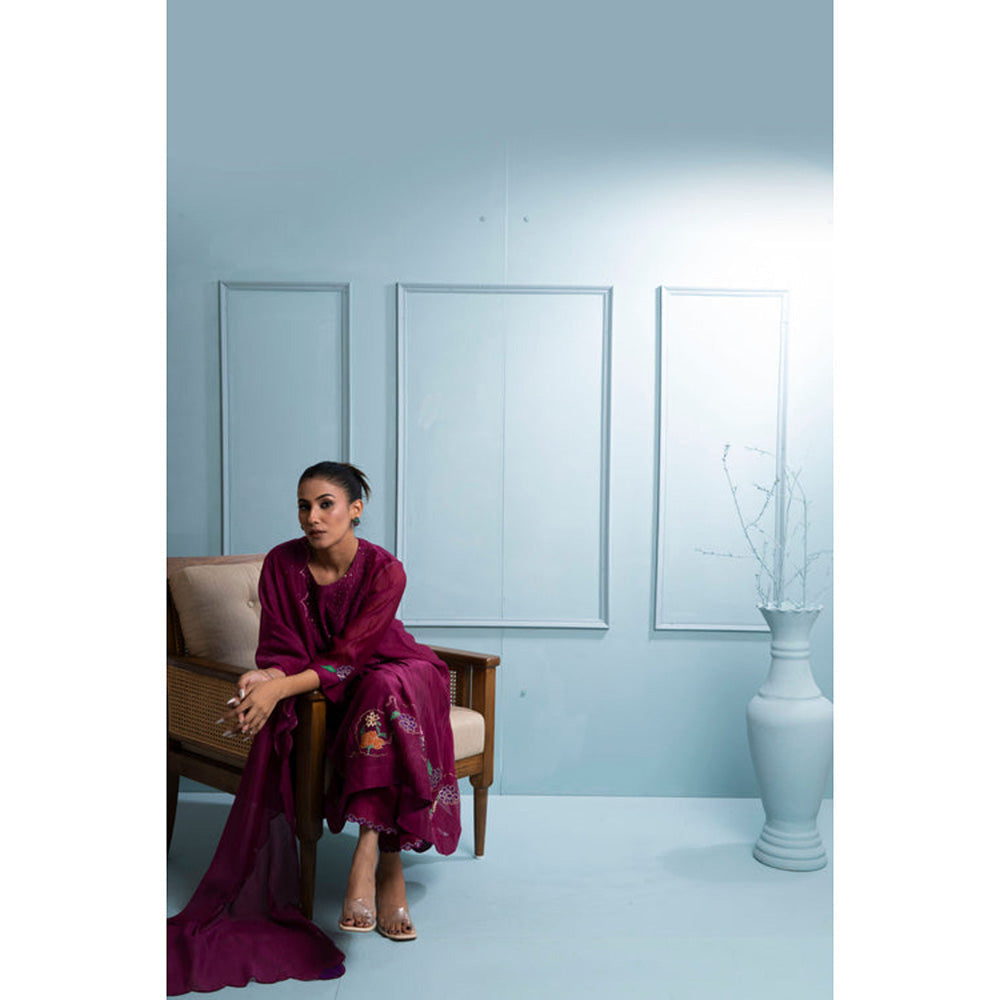 The White Tree Studio Burgundy Chanderi Kurta with Pant and Dupatta