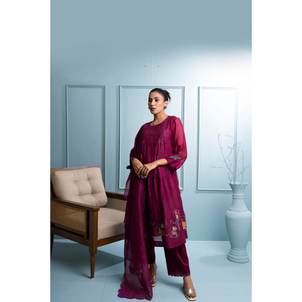 The White Tree Studio Burgundy Chanderi Kurta with Pant and Dupatta