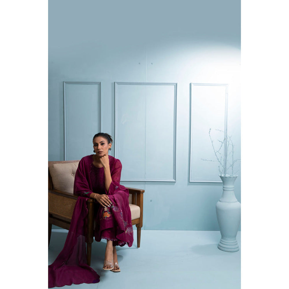 The White Tree Studio Burgundy Chanderi Kurta with Pant and Dupatta