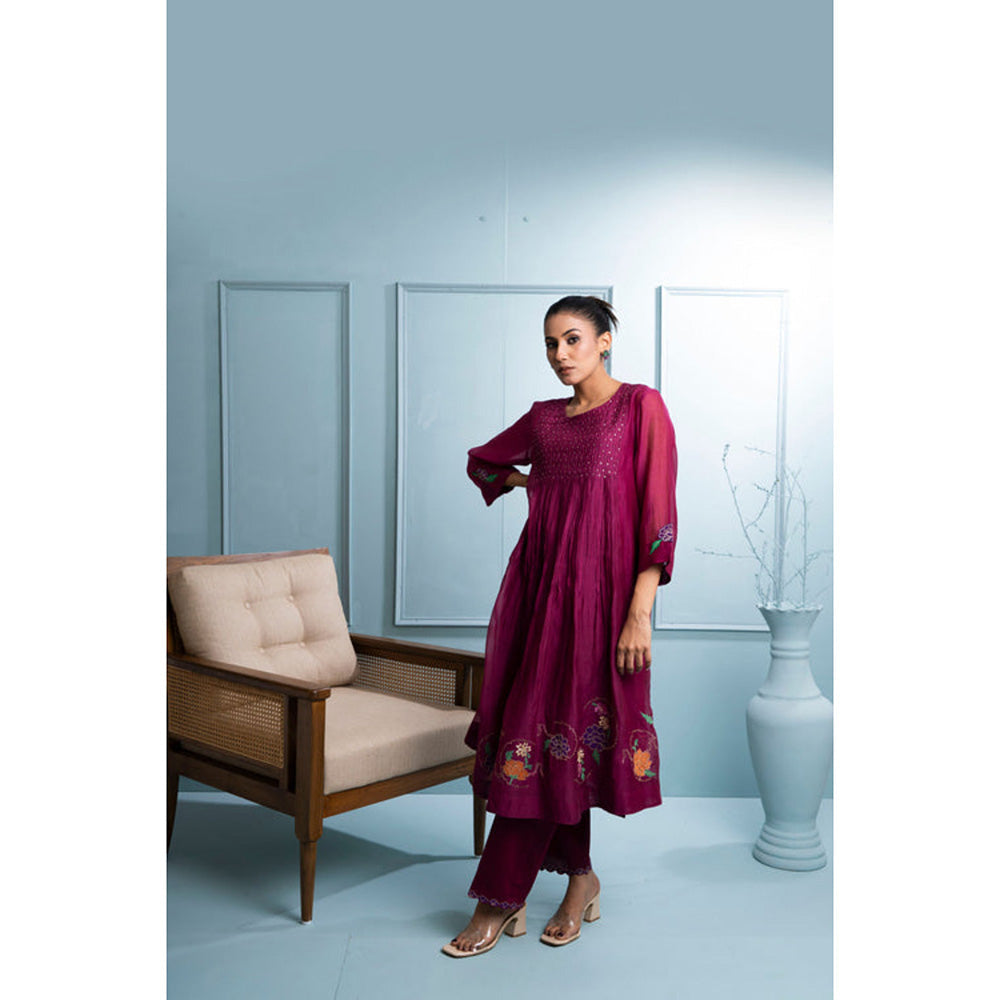 The White Tree Studio Burgundy Chanderi Kurta with Pant and Dupatta