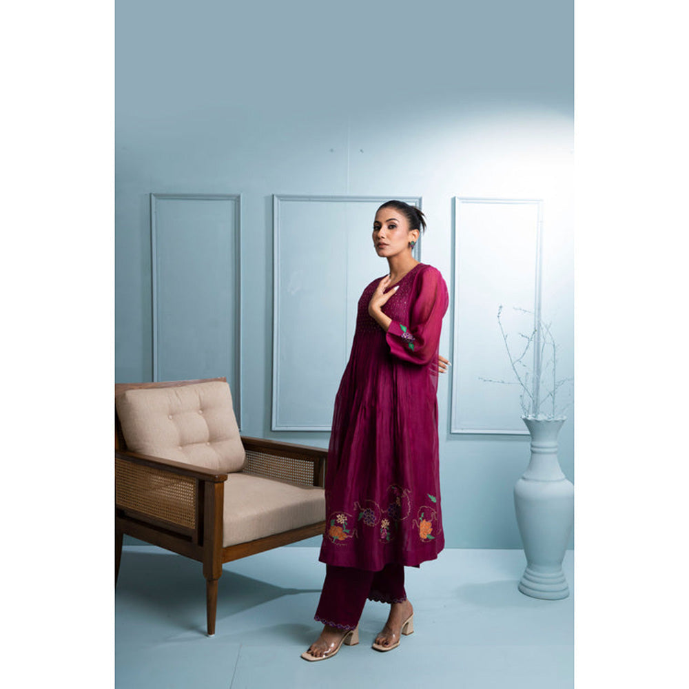 The White Tree Studio Burgundy Chanderi Kurta with Pant and Dupatta