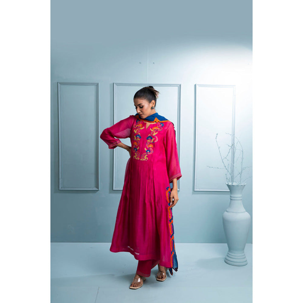 The White Tree Studio Pink Pleated Chanderi Kurta with Pant and Dupatta