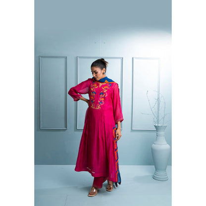 The White Tree Studio Pink Pleated Chanderi Kurta with Pant and Dupatta