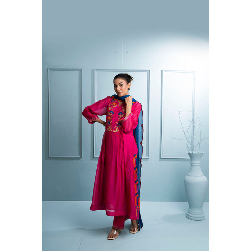 The White Tree Studio Pink Pleated Chanderi Kurta with Pant and Dupatta
