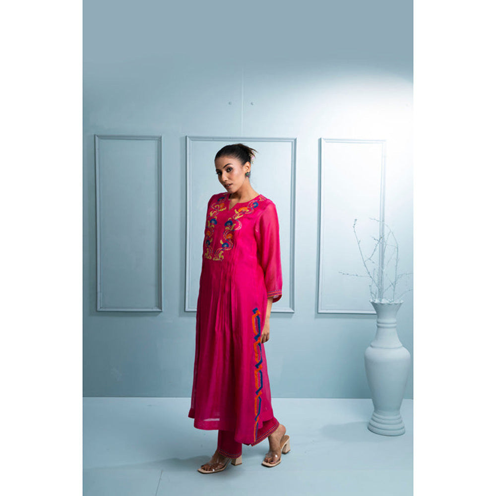 The White Tree Studio Pink Pleated Chanderi Kurta with Pant and Dupatta