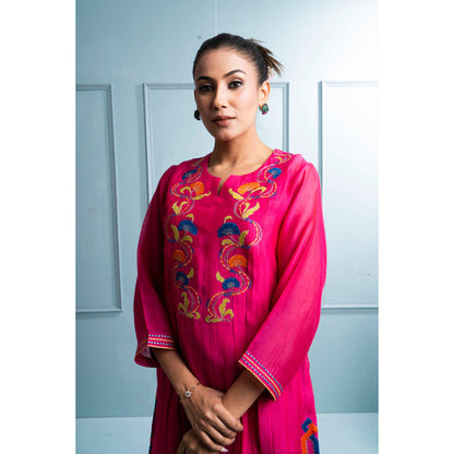 The White Tree Studio Pink Pleated Chanderi Kurta with Pant and Dupatta