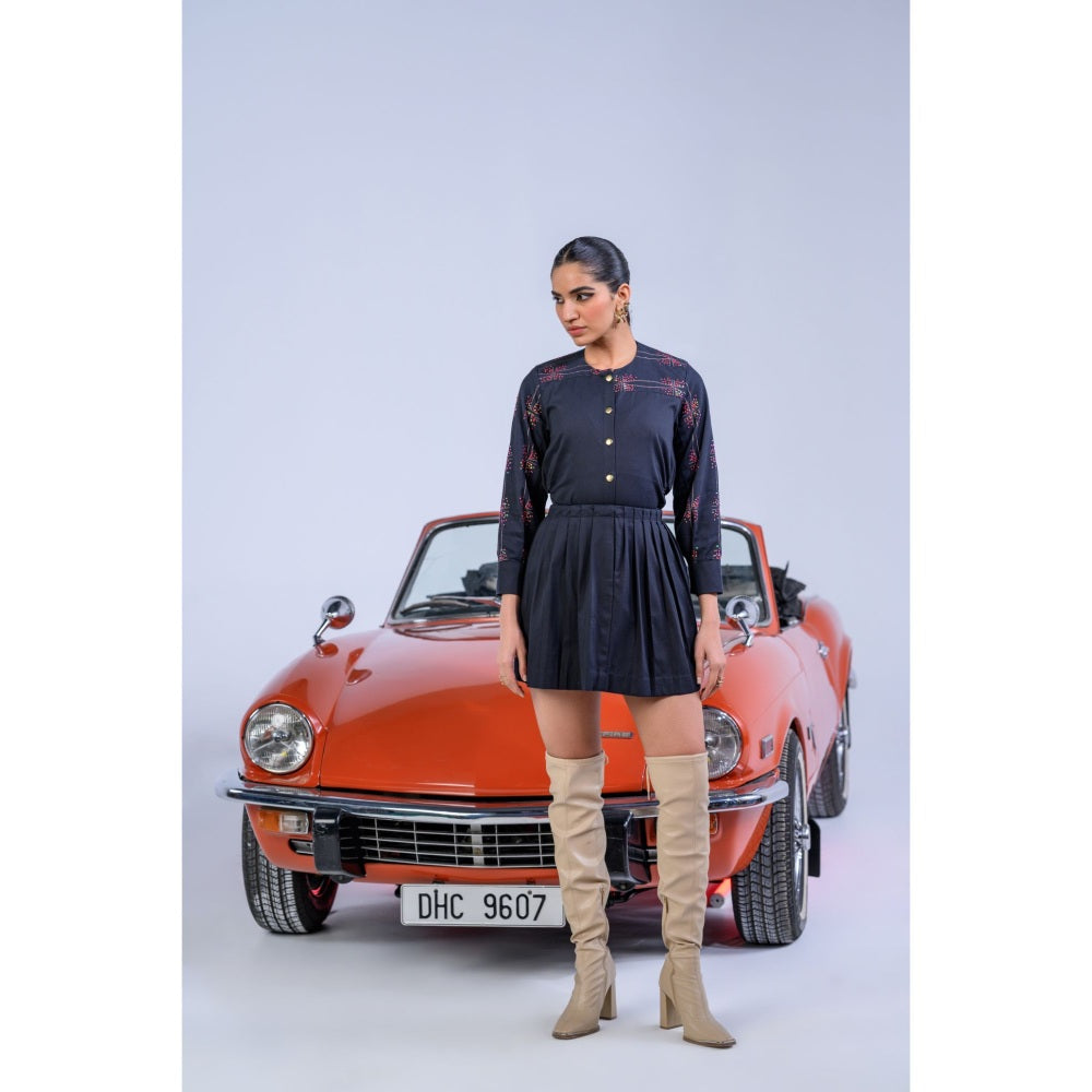 The Dramebaaz Company Cosmic Glitter Printed Pleated Top and Skirt (Set of 2)