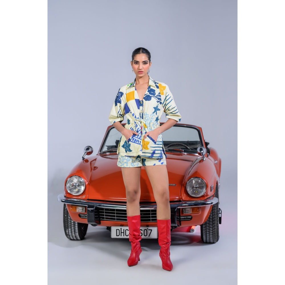 The Dramebaaz Company Off Wite Olva Shorts and Top (Set of 2)