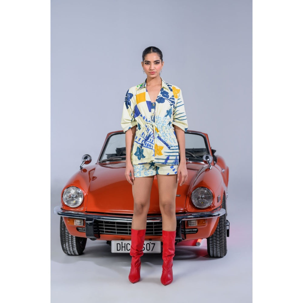The Dramebaaz Company Off Wite Olva Shorts and Top (Set of 2)