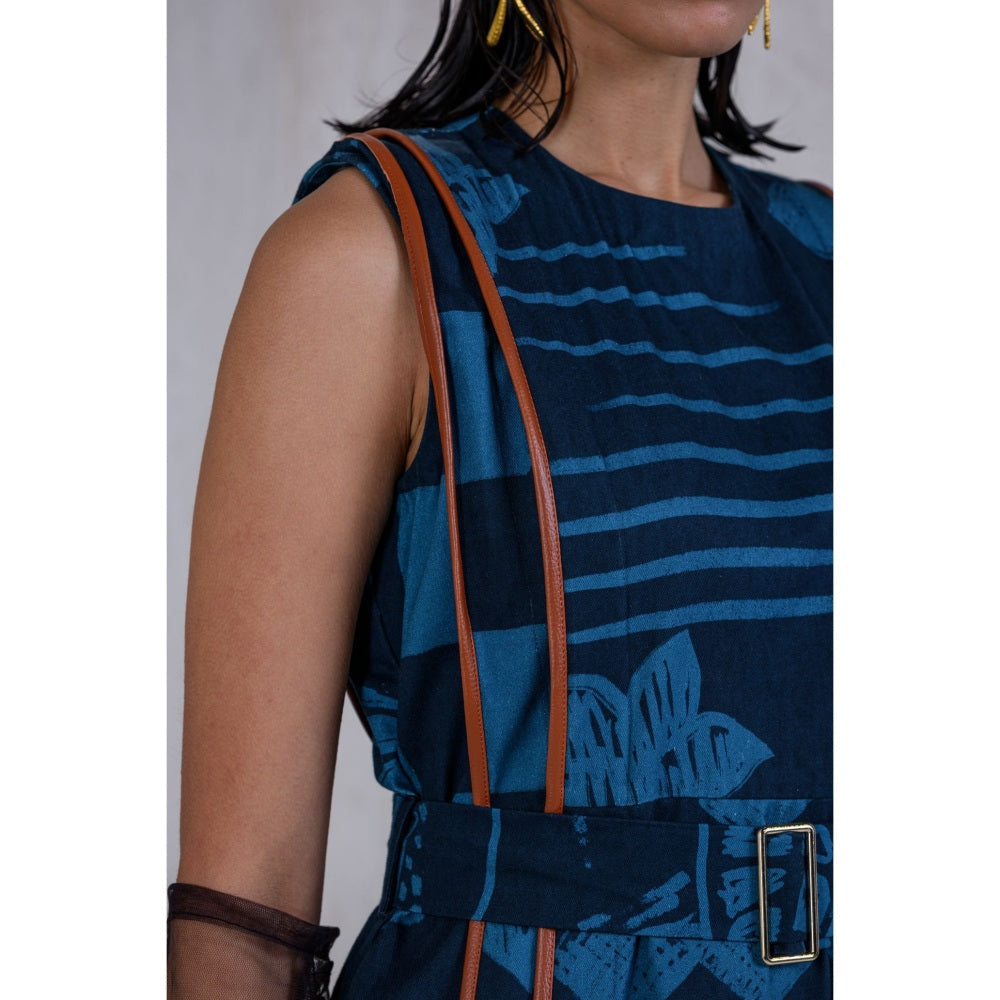 The Dramebaaz Company Navy Blue Tropica Column Dress with Belt (Set of 2)