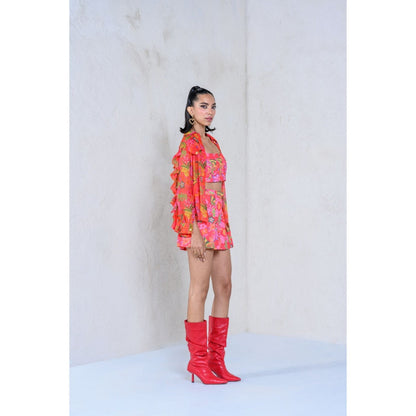 The Dramebaaz Company Blush Foxglove Shirt with Bustier and Shorts (Set of 3)