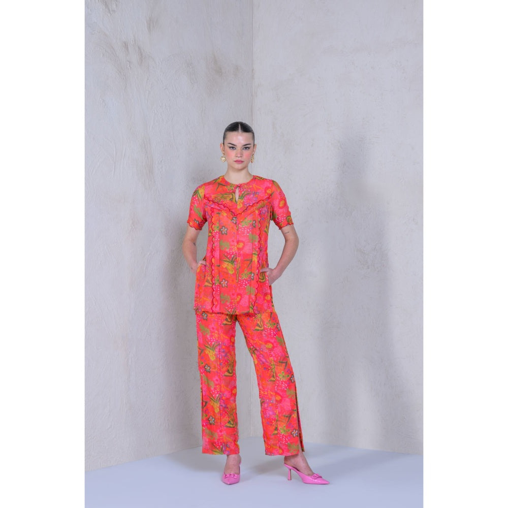 The Dramebaaz Company Ochre Orchids Top with Pant (Set of 2)