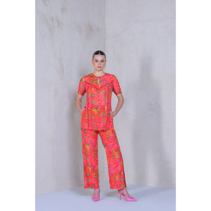 The Dramebaaz Company Ochre Orchids Top with Pant (Set of 2)