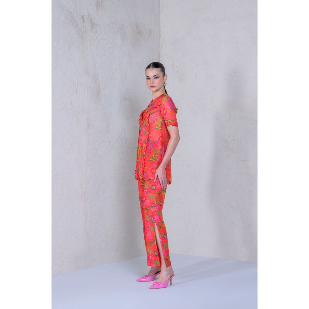 The Dramebaaz Company Ochre Orchids Top with Pant (Set of 2)