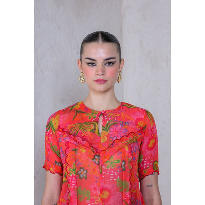 The Dramebaaz Company Ochre Orchids Top with Pant (Set of 2)