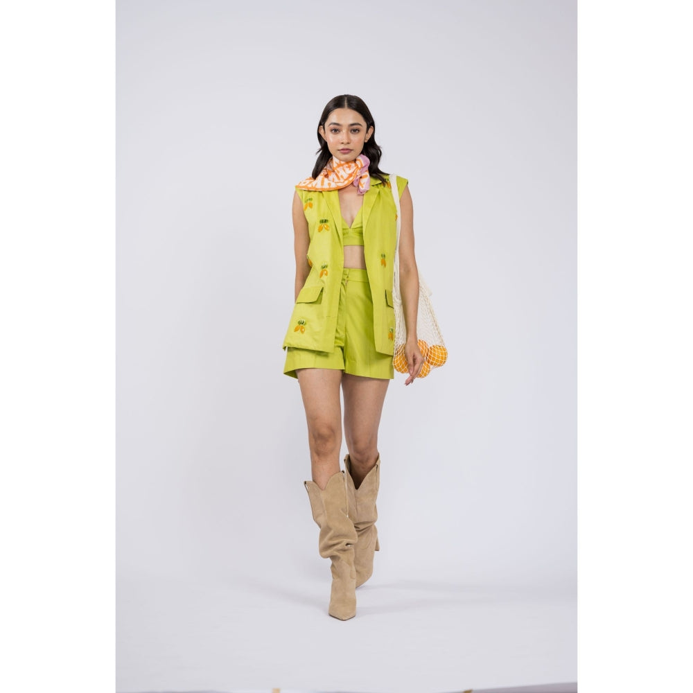 The Dramebaaz Company Chartruse Embroidered Blazer with Bustier and Shorts (Set of 3)