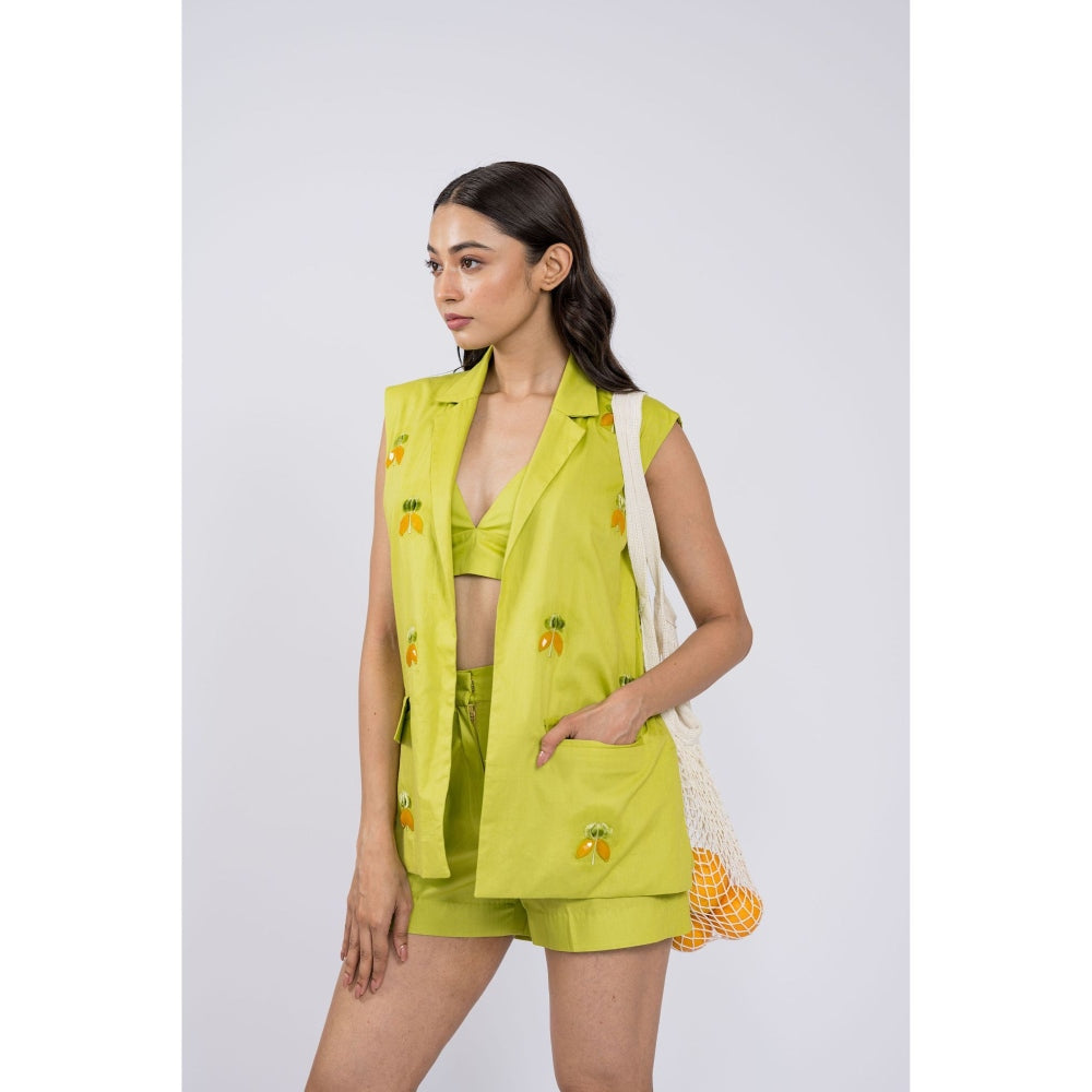 The Dramebaaz Company Chartruse Embroidered Blazer with Bustier and Shorts (Set of 3)