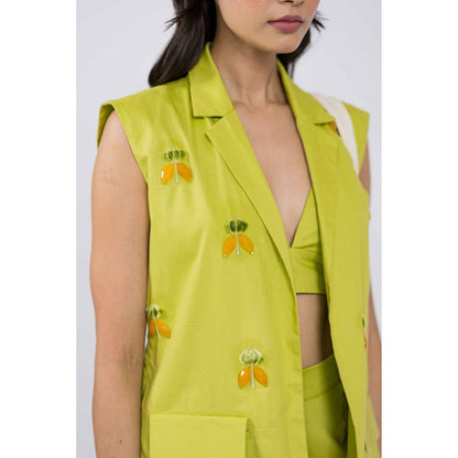 The Dramebaaz Company Chartruse Embroidered Blazer with Bustier and Shorts (Set of 3)