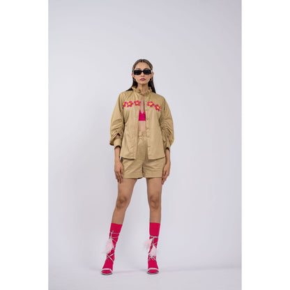 The Dramebaaz Company Petal Poetry Beige Shirt with Shorts (Set of 2)