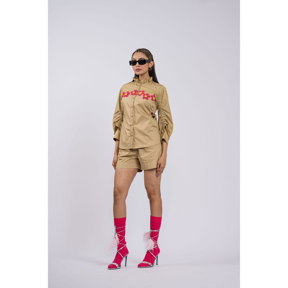 The Dramebaaz Company Petal Poetry Beige Shirt with Shorts (Set of 2)