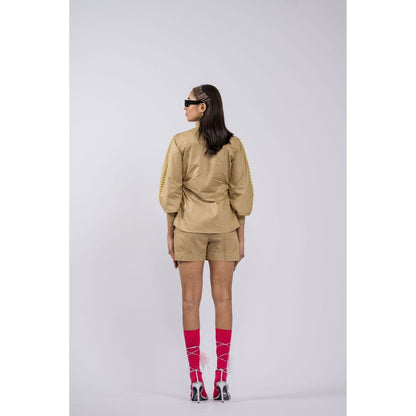 The Dramebaaz Company Petal Poetry Beige Shirt with Shorts (Set of 2)