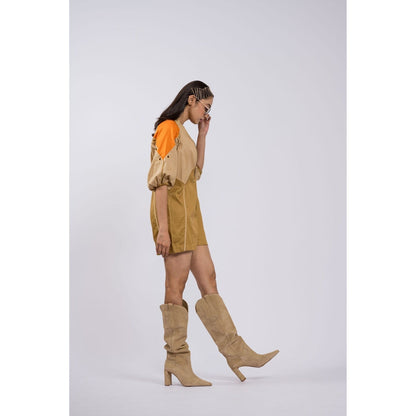 The Dramebaaz Company Brown Colorblock Petunia Playsuit