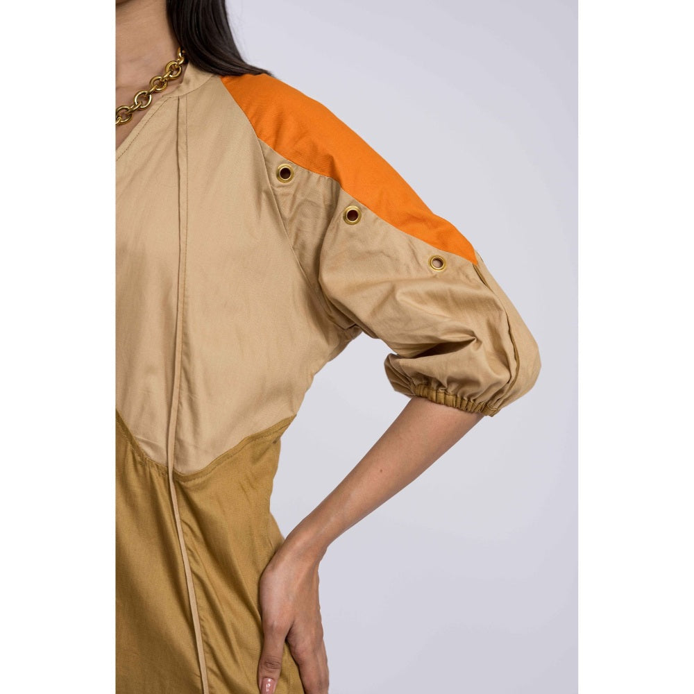 The Dramebaaz Company Brown Colorblock Petunia Playsuit