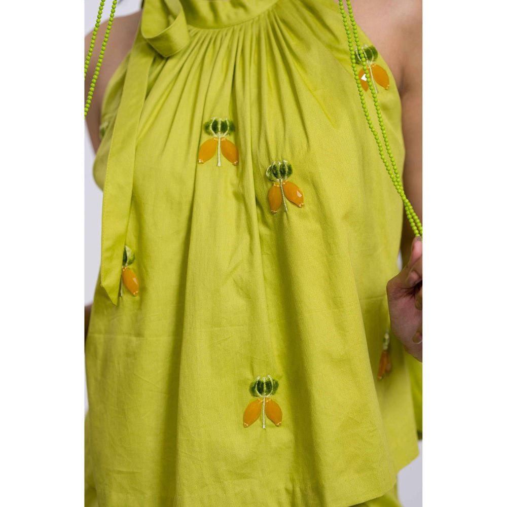 The Dramebaaz Company Chartruse Halter Neck Co-Ord (Set of 2)