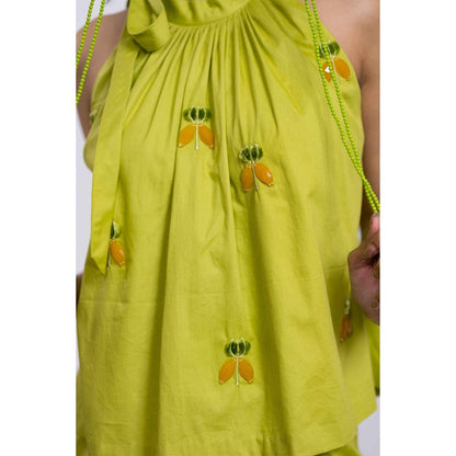 The Dramebaaz Company Chartruse Halter Neck Co-Ord (Set of 2)