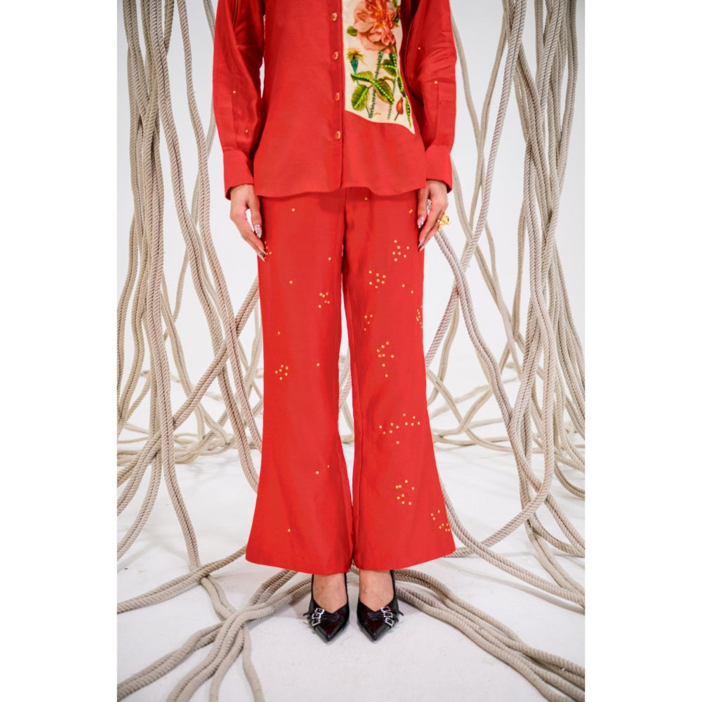 The Dramebaaz Company Red Roselle Floral Print Shirt and Pant (Set of 2)