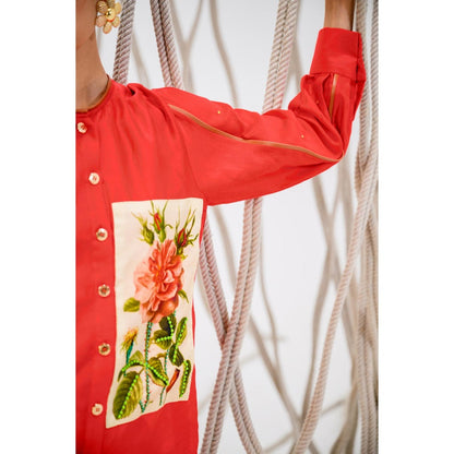 The Dramebaaz Company Red Roselle Floral Print Shirt and Pant (Set of 2)