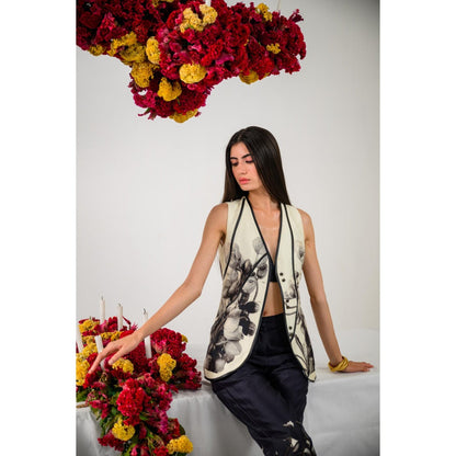 The Dramebaaz Company Ivory Whisper Floral Print Waistcoat and Pant (Set of 2)