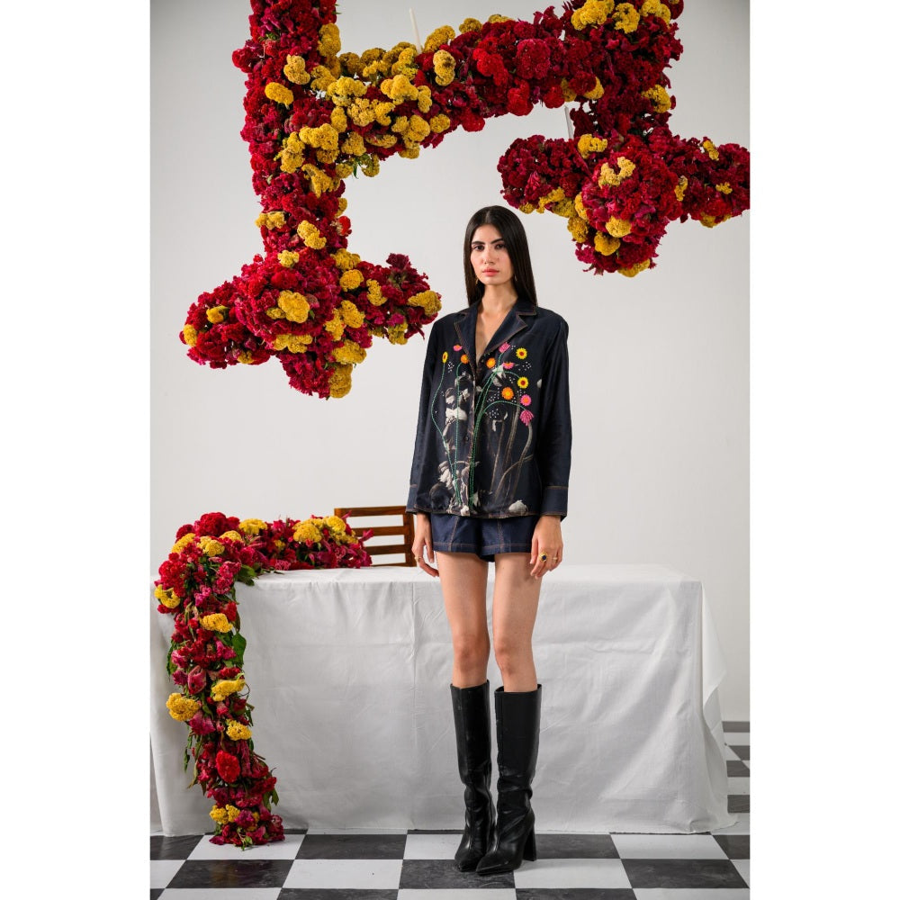 The Dramebaaz Company Navy Blue Heirloom Petals Embellished Shirt