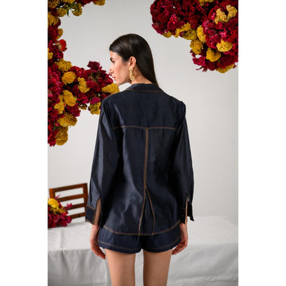 The Dramebaaz Company Navy Blue Heirloom Petals Embellished Shirt