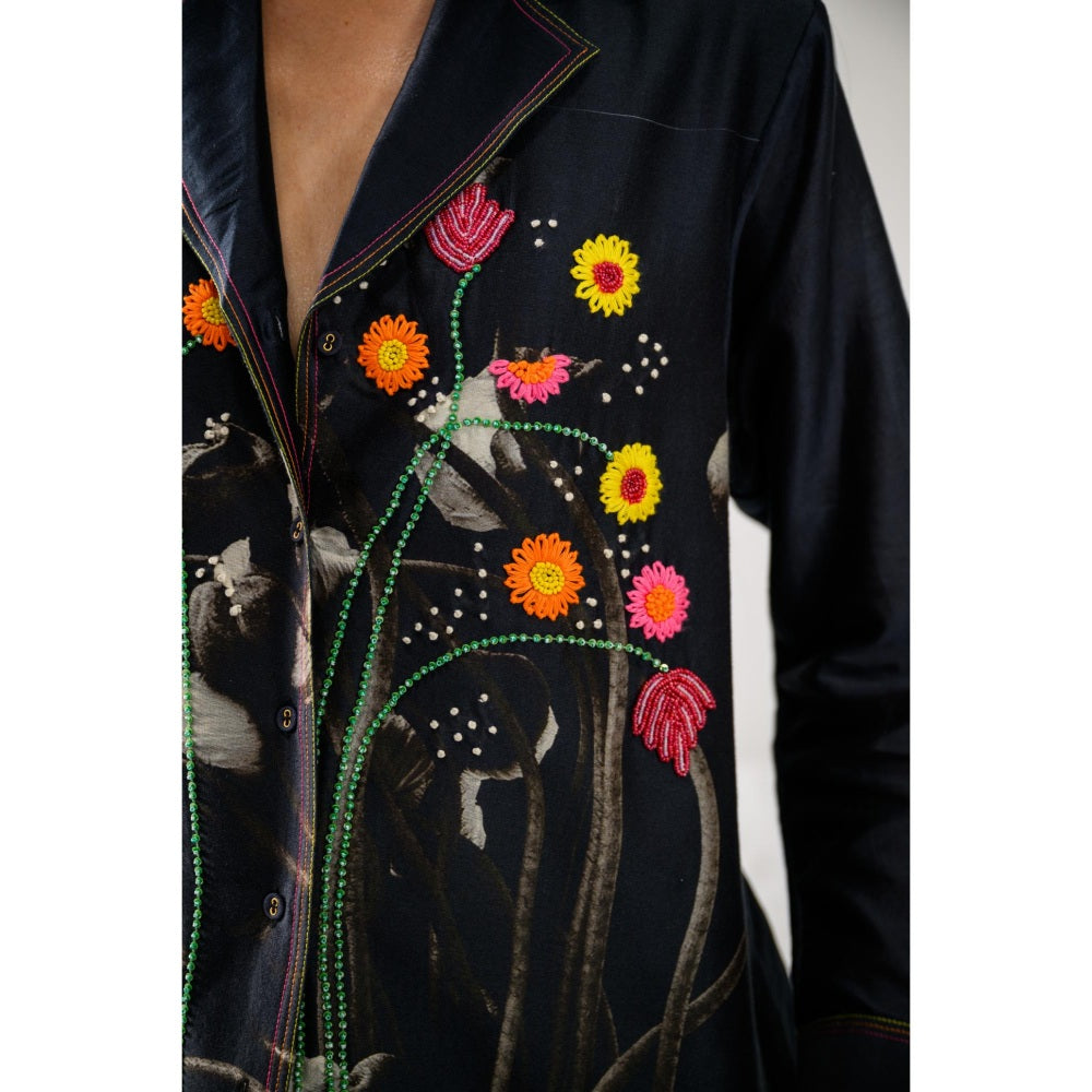 The Dramebaaz Company Navy Blue Heirloom Petals Embellished Shirt